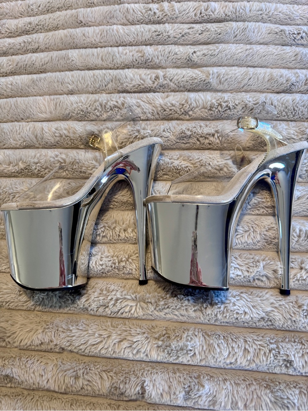 Pleaser Flamingo 808 Chrome Mirror Platform Stiletto Heels with Clear Straps